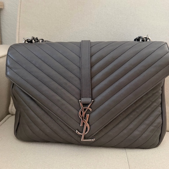 Saint Laurent Handbags - Saint Laurent Gray Chevron Quilted Leather Shoulder Bag with YSL Logo